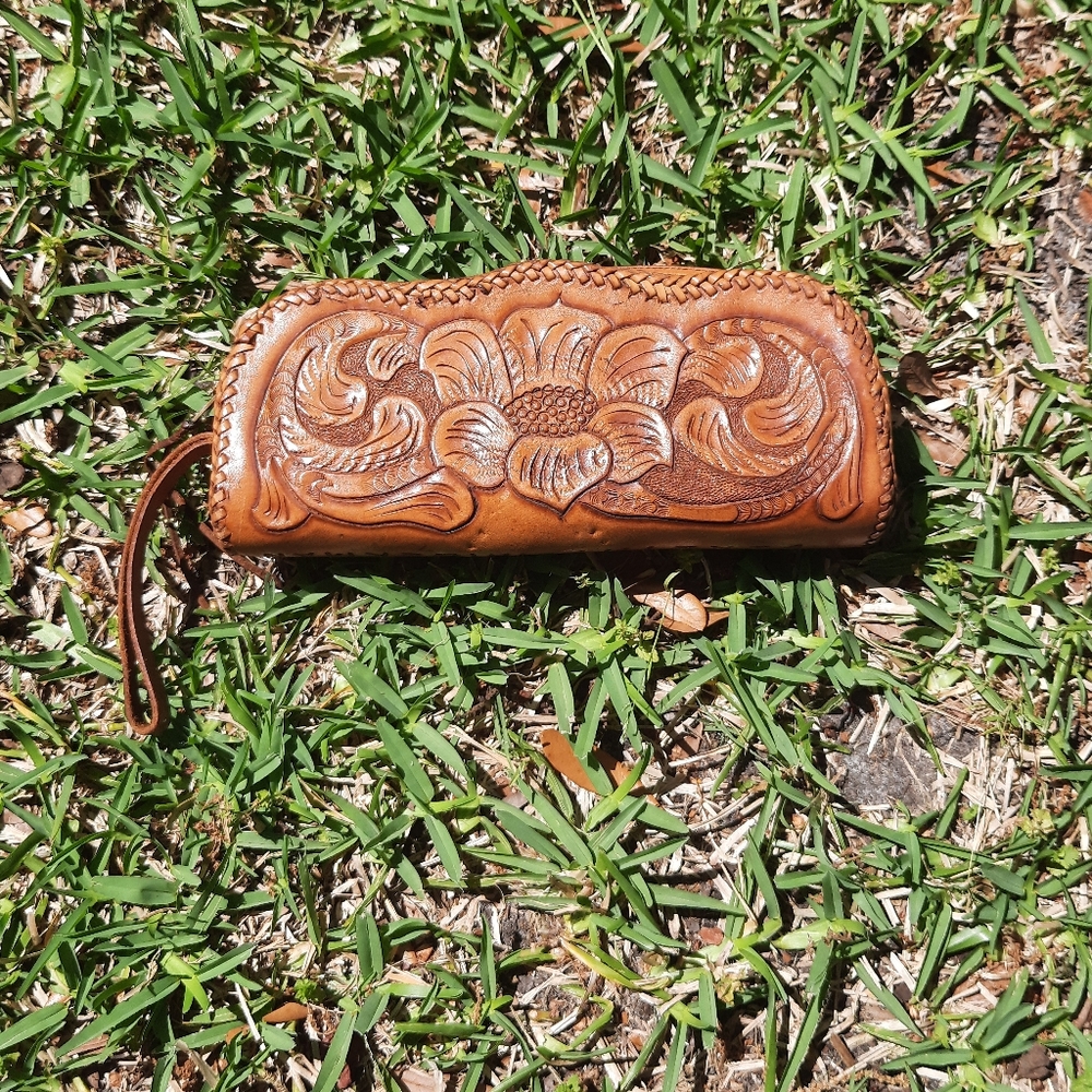 Vintage hand tooled leather wristlet